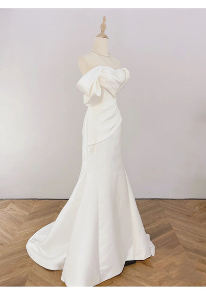 French Satin Mermaid Wedding Gown – Off-Shoulder Fit for Greeters or Exit Dress