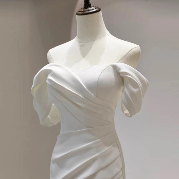 French Satin Mermaid Wedding Gown – Off-Shoulder Fit for Greeters or Exit Dress