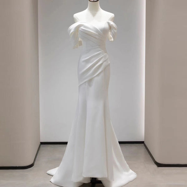 French Satin Mermaid Wedding Gown – Off-Shoulder Fit for Greeters or Exit Dress
