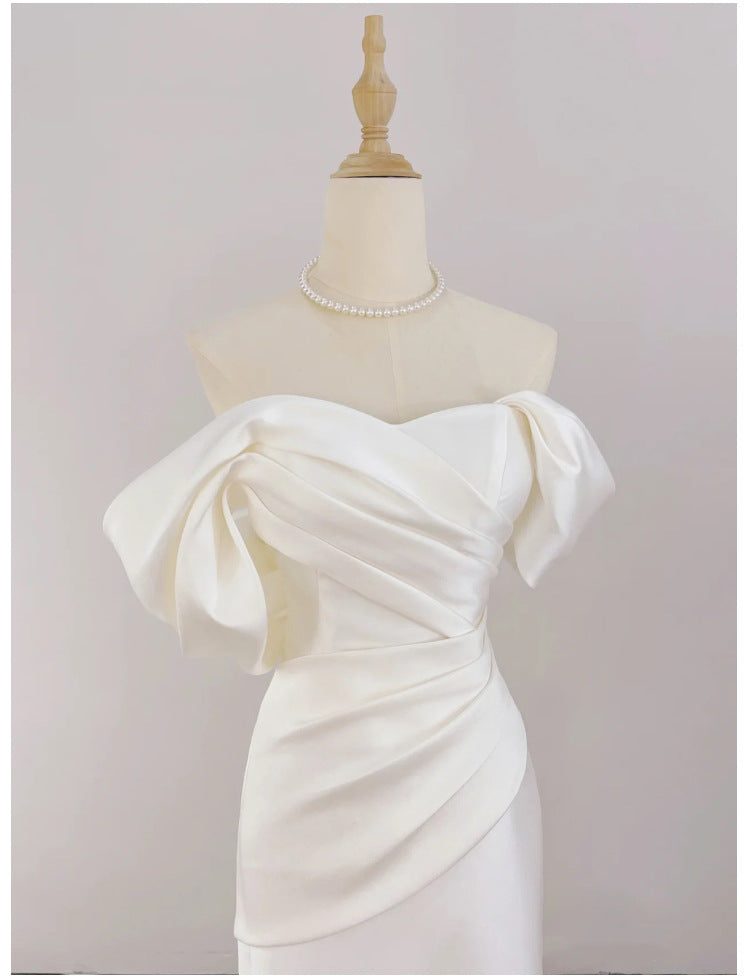 Svatební šaty ve stylu mořské panny z francouzského saténu – šaty s odhalenými rameny pro uvaděče nebo na odchod