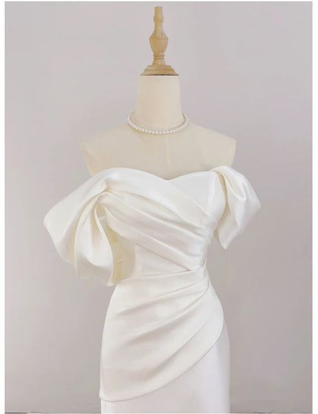 French Satin Mermaid Wedding Gown – Off-Shoulder Fit for Greeters or Exit Dress