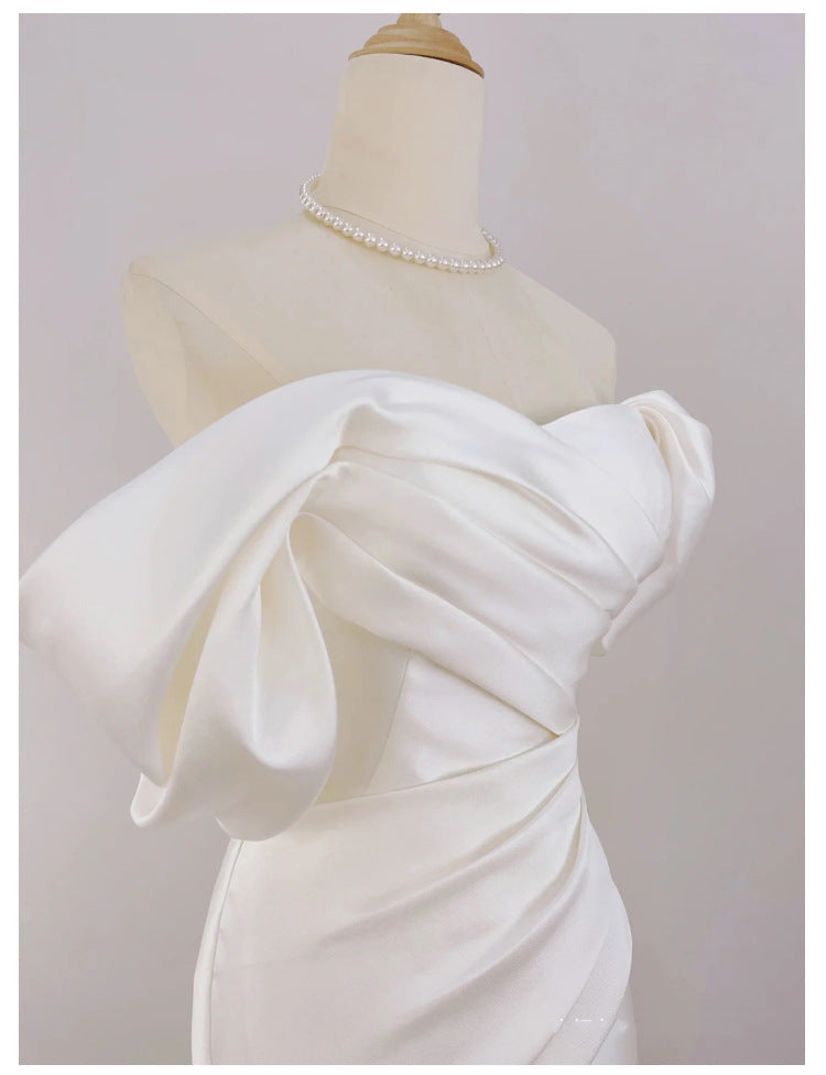 Svatební šaty ve stylu mořské panny z francouzského saténu – šaty s odhalenými rameny pro uvaděče nebo na odchod