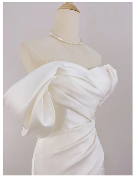 French Satin Mermaid Wedding Gown – Off-Shoulder Fit for Greeters or Exit Dress