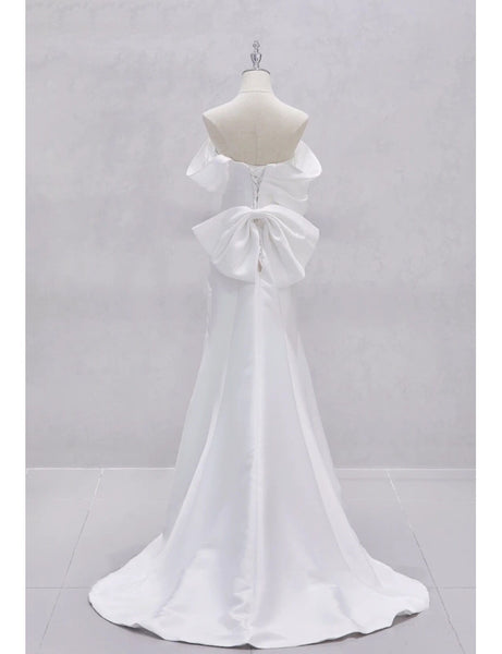 French Satin Mermaid Wedding Gown – Off-Shoulder Fit for Greeters or Exit Dress