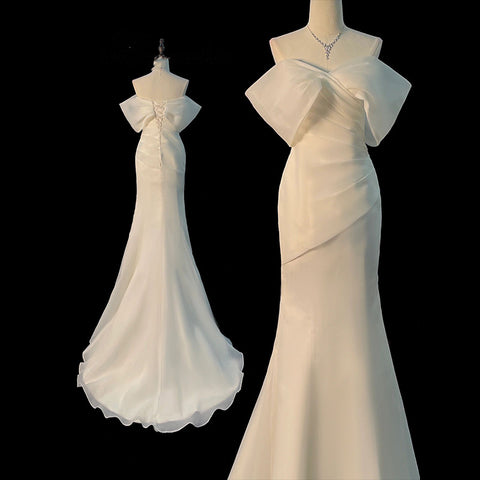 Off-Shoulder Satin Wedding Dress – Mermaid Fit with Train for Travel or Ceremony (2025)