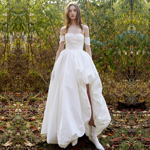 Off-Shoulder Satin Wedding Dress – Elegant Long Gown with Slit for Greeters or Ceremony (2025)
