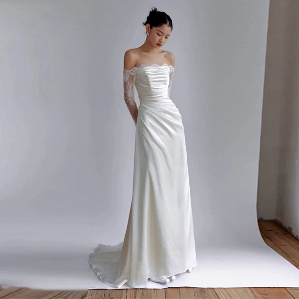 Long-Sleeve White Satin Dress – Petite-Fit Wedding or Formal Gown (2025)