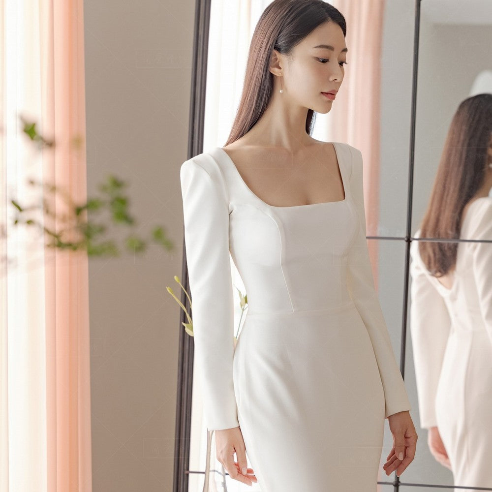 Minimalistické saténové svatební šaty ve stylu mořské panny – dlouhé rukávy s malou vlečkou pro venkovní svatby (2025)