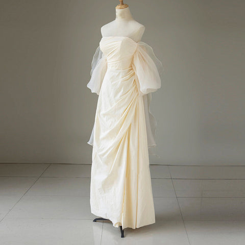 French Off-Shoulder Satin Wedding Dress – Forest-Inspired Gown for Ceremony or Reception (2025)