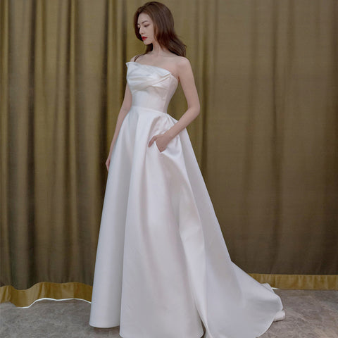 Strapless White Satin Wedding Dress – Korean Style Travel or Ceremony Gown with Train