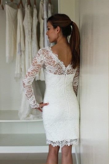 Short Lace Dress With Low-V Back & Illusion Long Sleeves