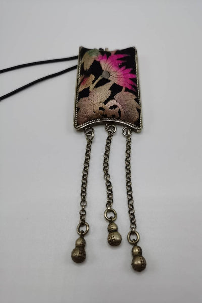 Unique Hand-Embroidered Water Lily Pendant Necklace with Chain Fringe