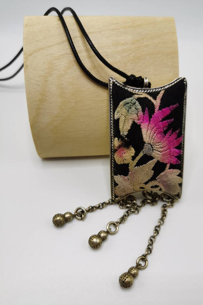 Unique Hand-Embroidered Water Lily Pendant Necklace with Chain Fringe