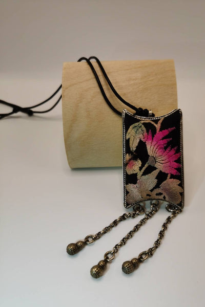 Unique Hand-Embroidered Water Lily Pendant Necklace with Chain Fringe