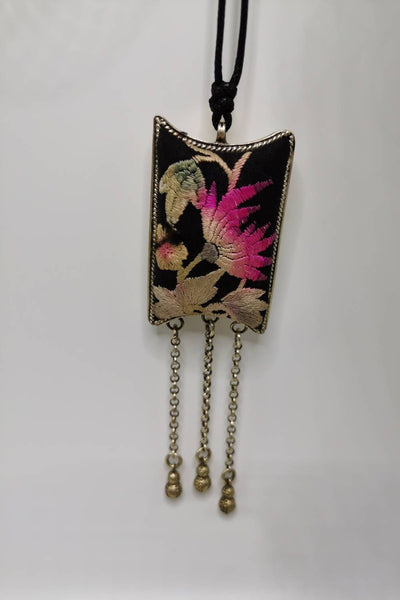 Unique Hand-Embroidered Water Lily Pendant Necklace with Chain Fringe