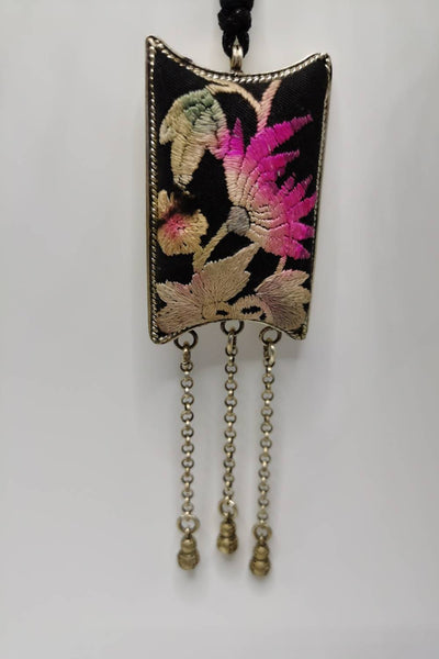 Unique Hand-Embroidered Water Lily Pendant Necklace with Chain Fringe