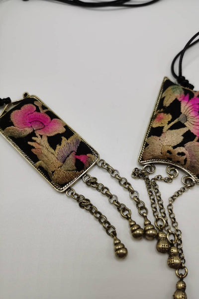 Unique Hand-Embroidered Water Lily Pendant Necklace with Chain Fringe