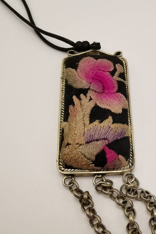 Distinctive Hand-Sewn Embroidery Pendant Necklace with Bell Fringe