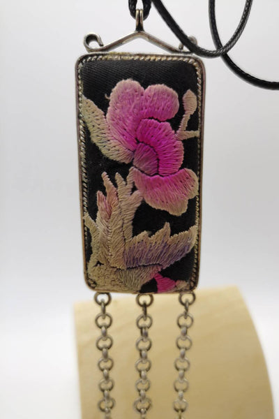 Distinctive Hand-Sewn Embroidery Pendant Necklace with Bell Fringe