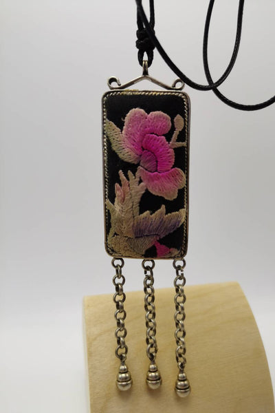 Distinctive Hand-Sewn Embroidery Pendant Necklace with Bell Fringe