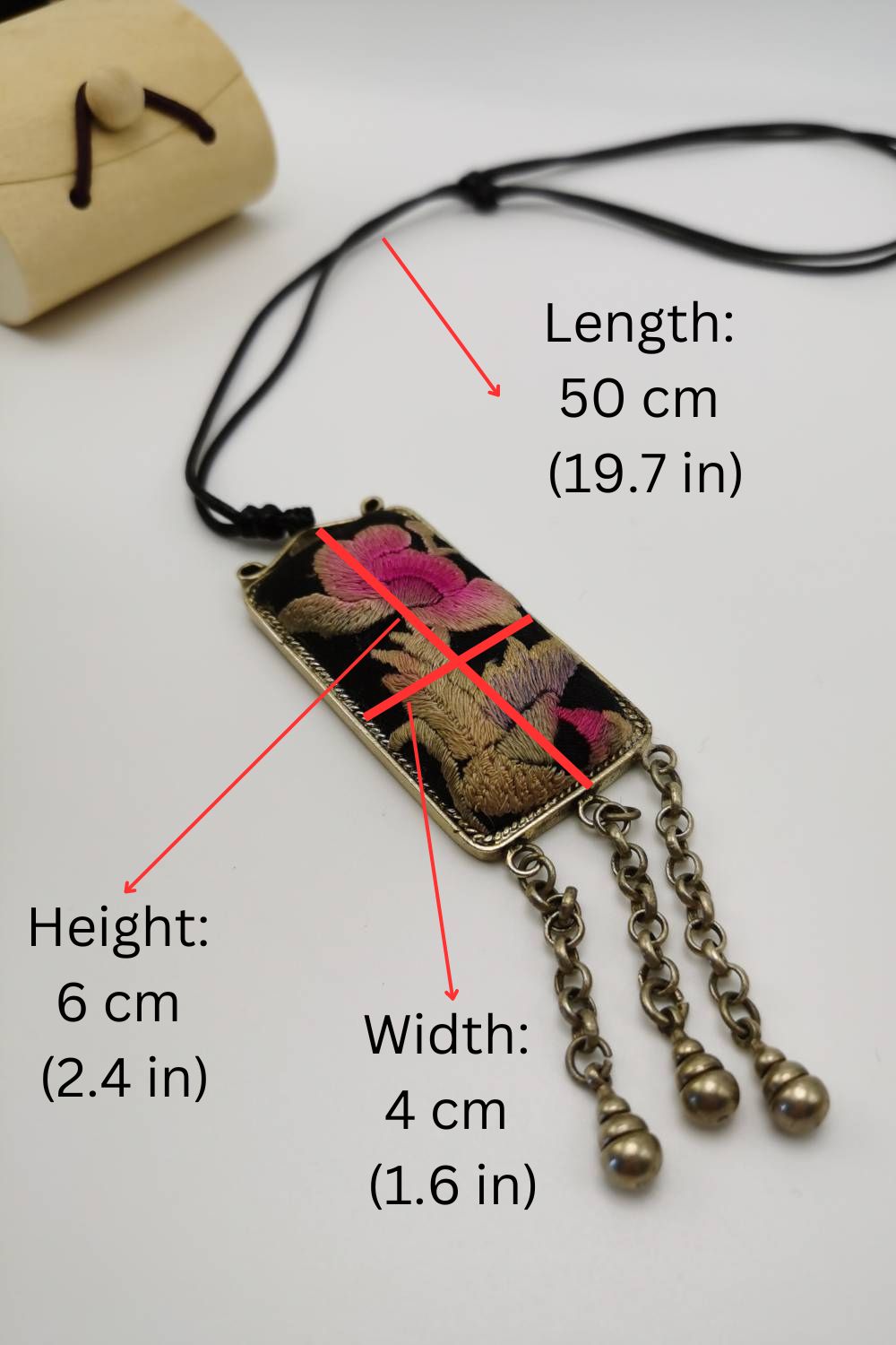 Distinctive Hand-Sewn Embroidery Pendant Necklace with Bell Fringe