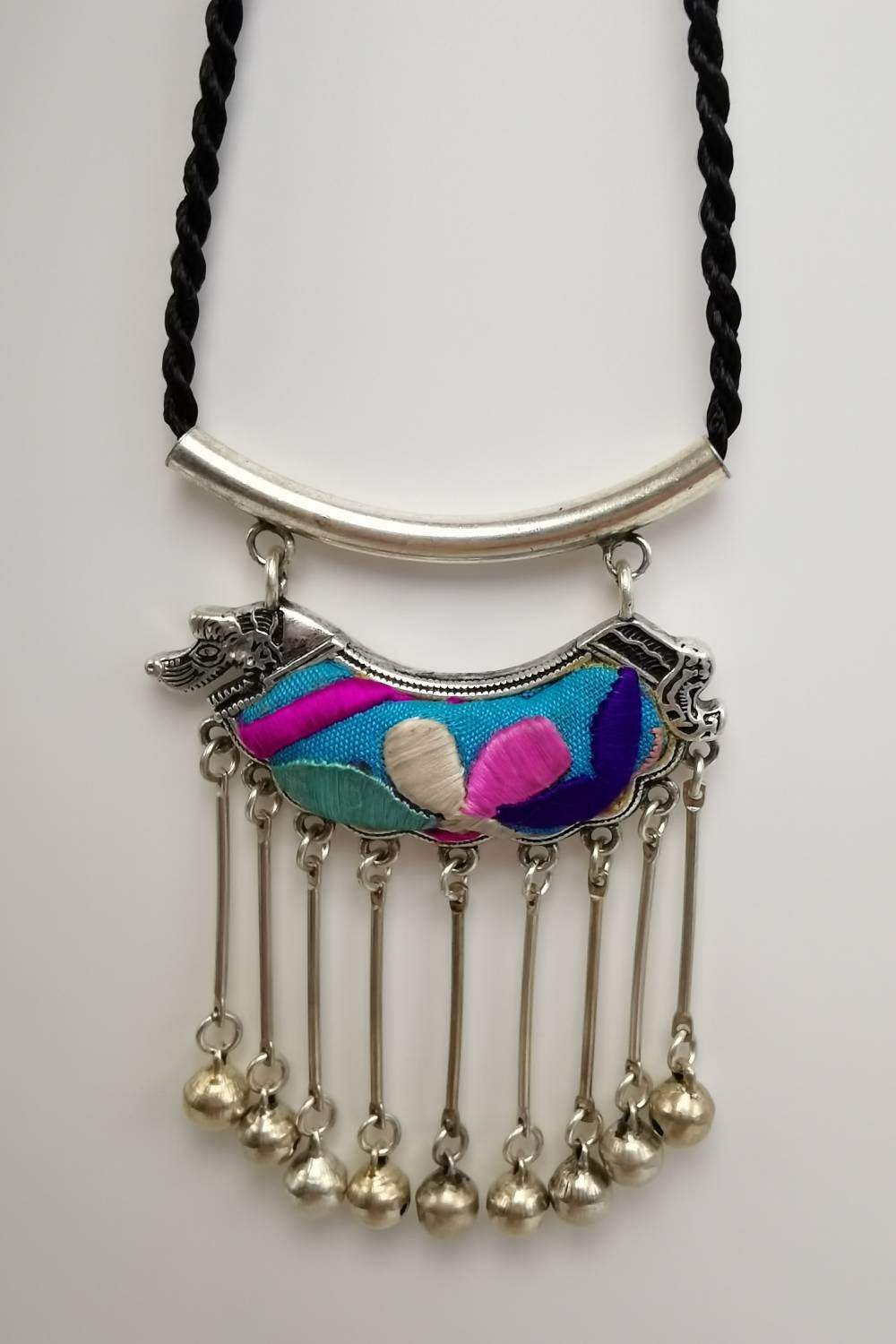 One-Of-A-Kind Dog-Shaped Embroidery Pendant Necklace with Bells