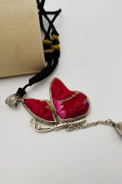 Rare Handmade Butterfly Embroidery Pendant with Bell Drop