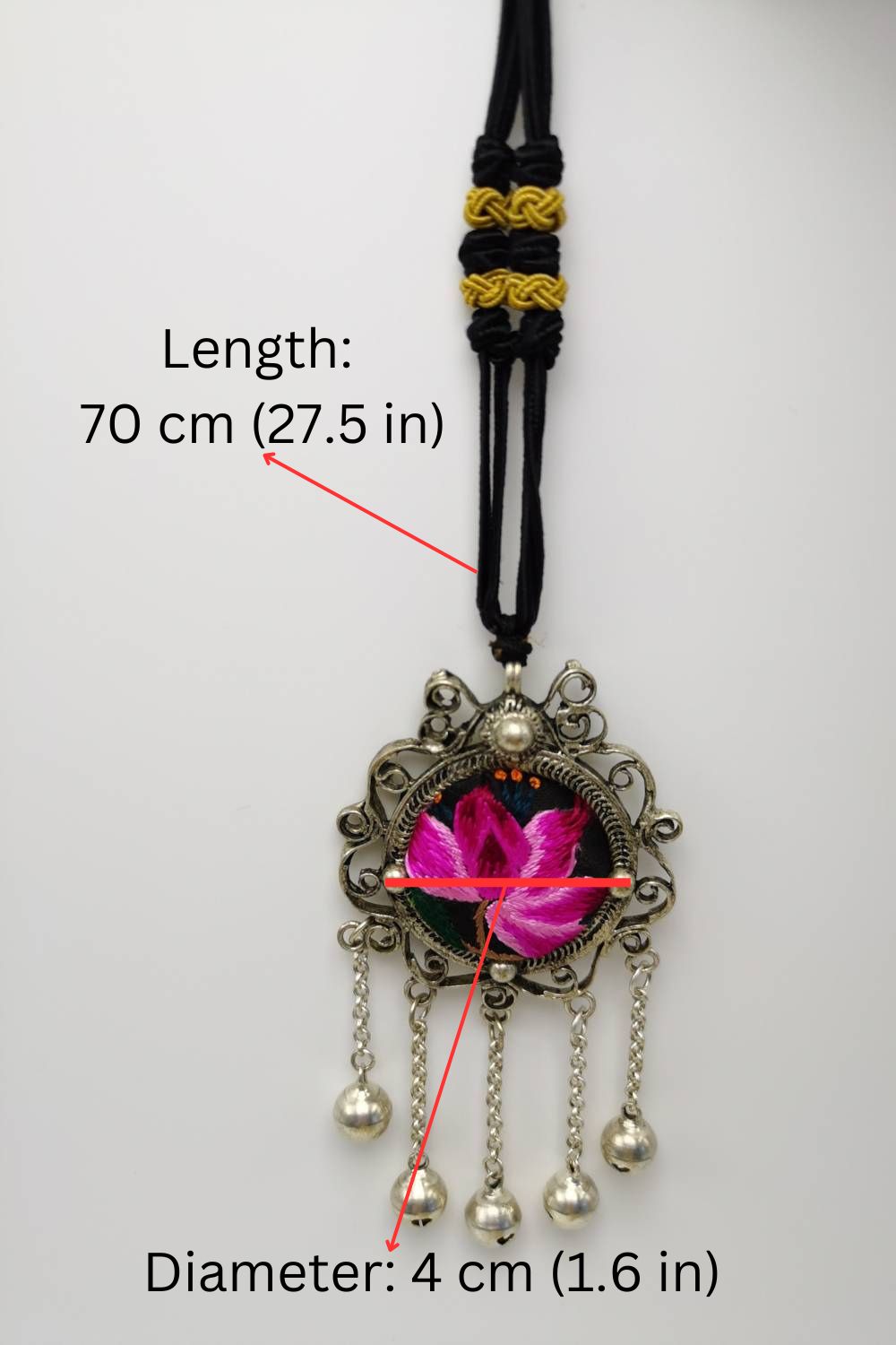 Exceptional Artisanal Lotus Embroidery Pendant Necklace with Bells