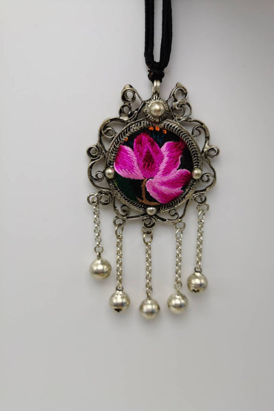 Exceptional Artisanal Lotus Embroidery Pendant Necklace with Bells