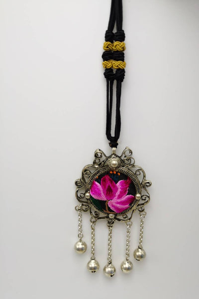 Exceptional Artisanal Lotus Embroidery Pendant Necklace with Bells