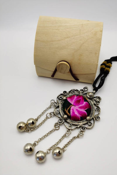 Exceptional Artisanal Lotus Embroidery Pendant Necklace with Bells