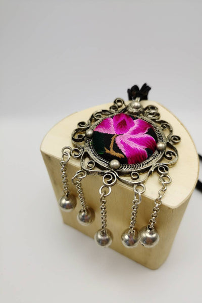 Exceptional Artisanal Lotus Embroidery Pendant Necklace with Bells