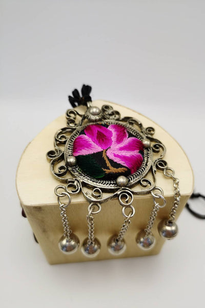 Exceptional Artisanal Lotus Embroidery Pendant Necklace with Bells