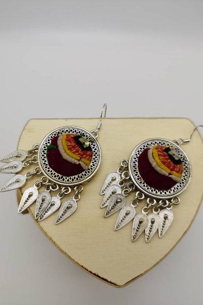 One And Only Embroidery Drop Earrings with Miao Silver Tassel