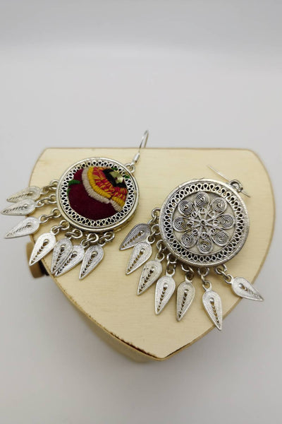 One And Only Embroidery Drop Earrings with Miao Silver Tassel