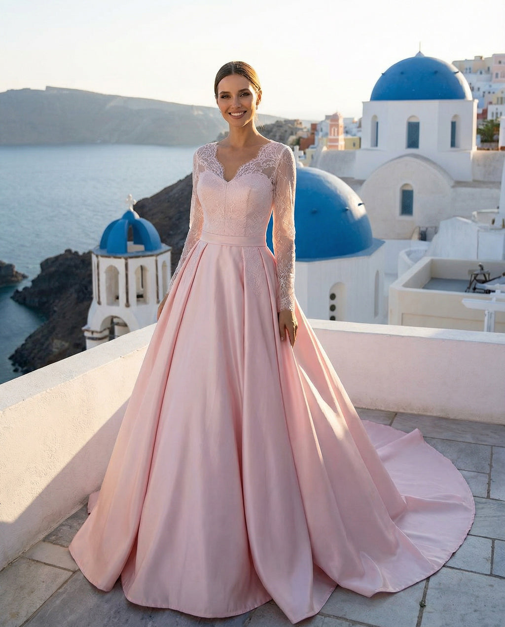 Long Sleeves V-neck Lace and Satin Bridal Gown