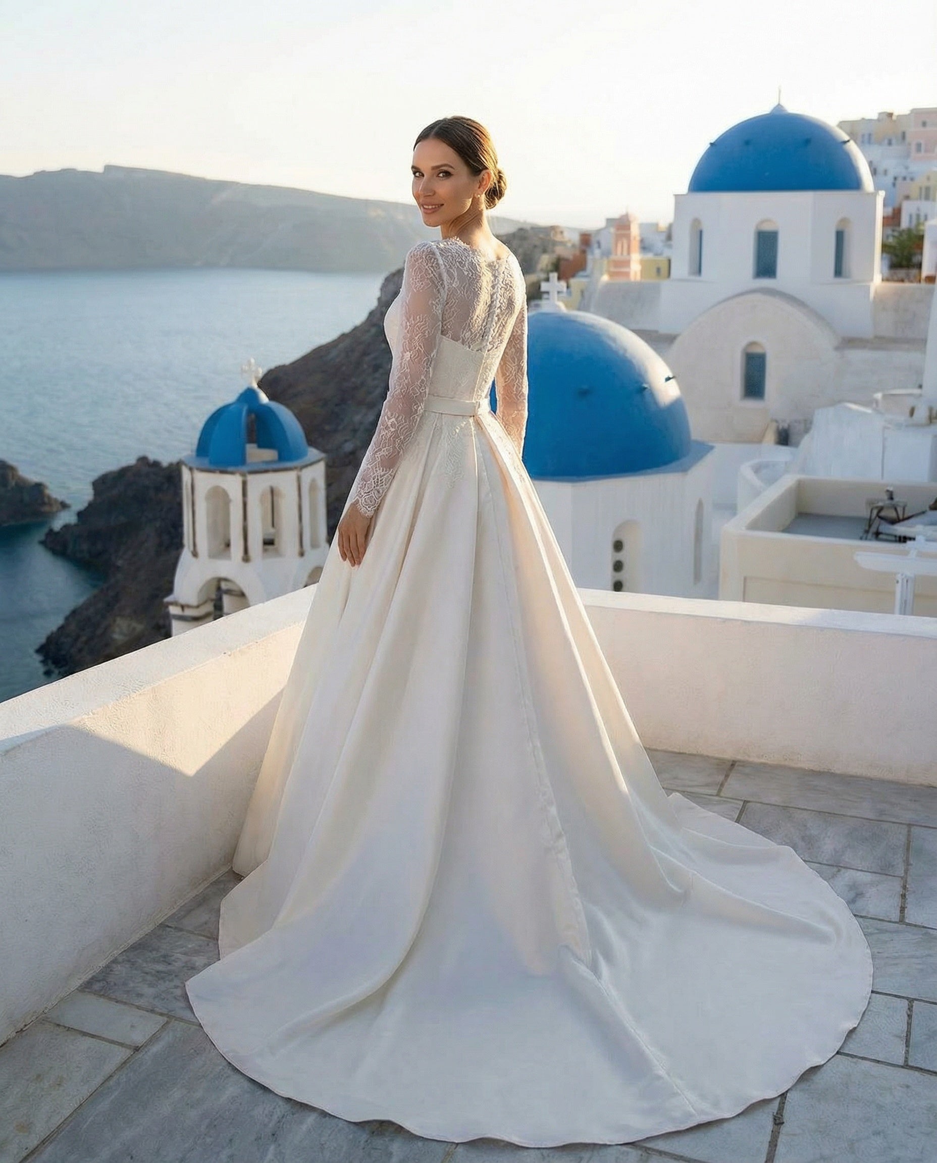 Long Sleeves V-neck Lace and Satin Bridal Gown