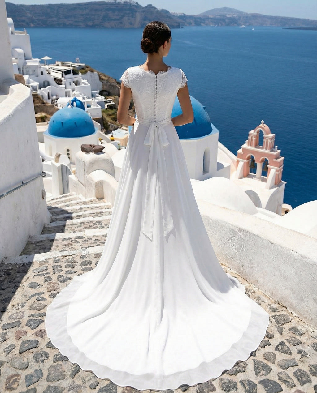 Etuikleid aus Spitze und Chiffon mit kurzen Ärmeln, V-Ausschnitt