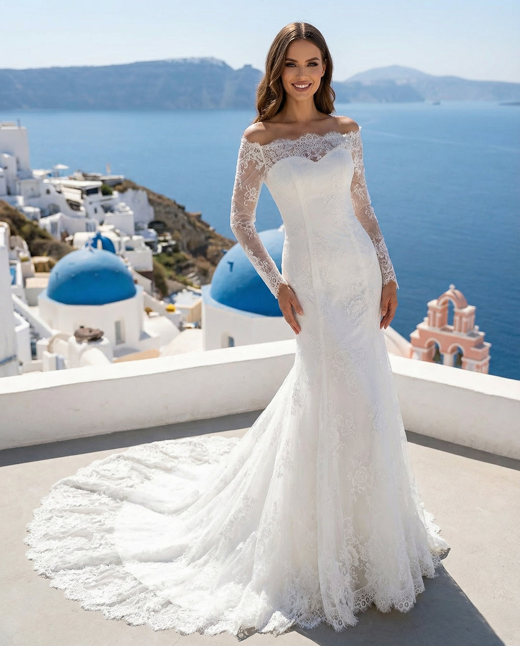 Off-the-shoulder Long Sleeves Sheath Lace Wedding Dress