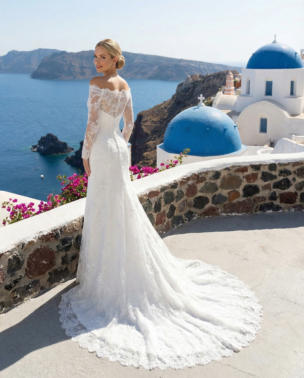 Off-the-shoulder Long Sleeves Sheath Lace Wedding Dress