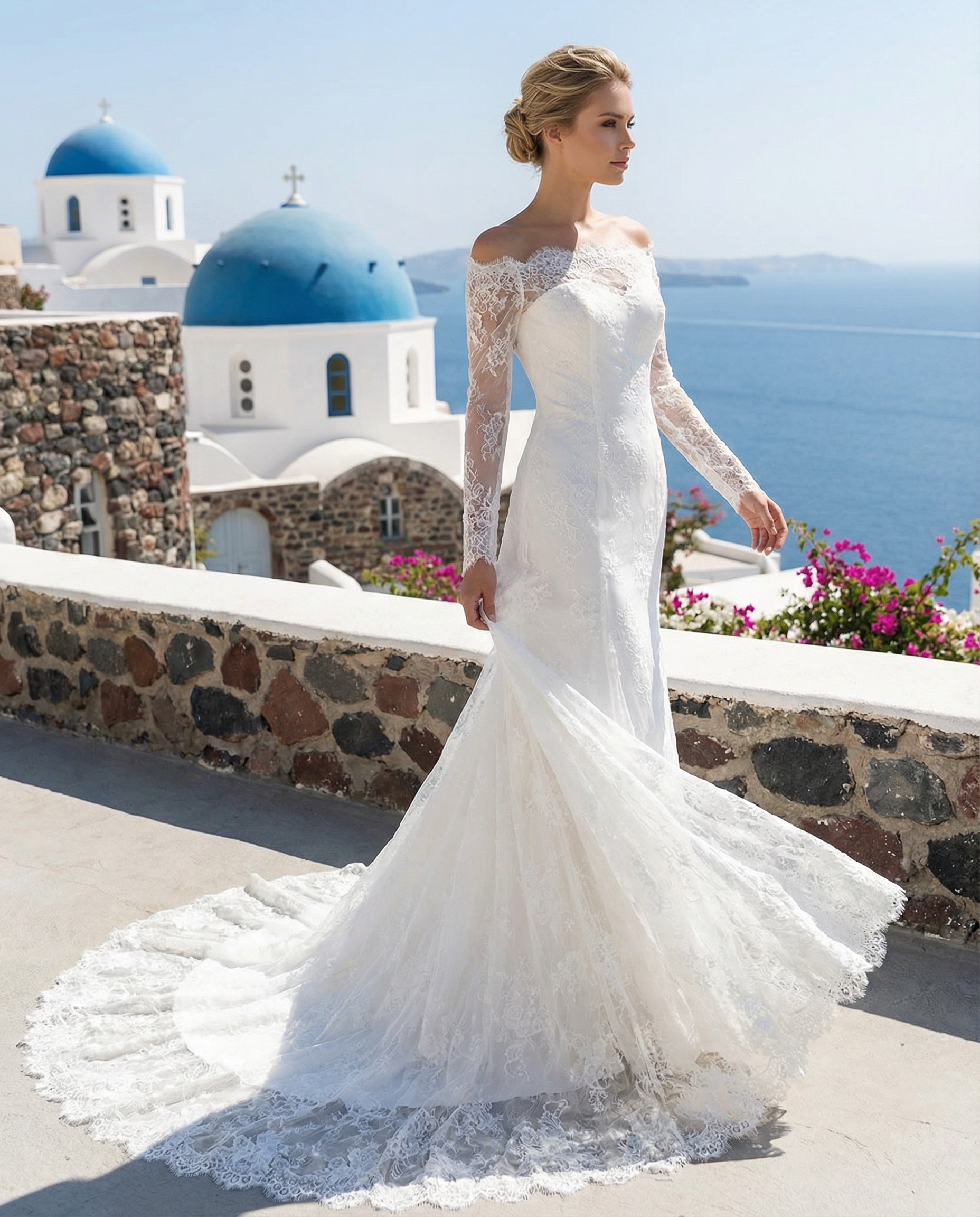 Off-the-shoulder Long Sleeves Sheath Lace Wedding Dress