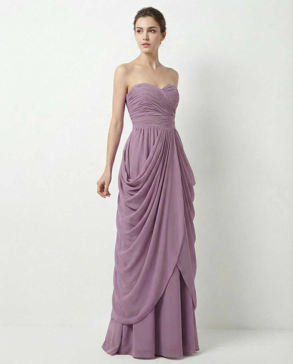 Sweetheart Pleated Bodice Ruffled Skirt Chiffon Column Dress