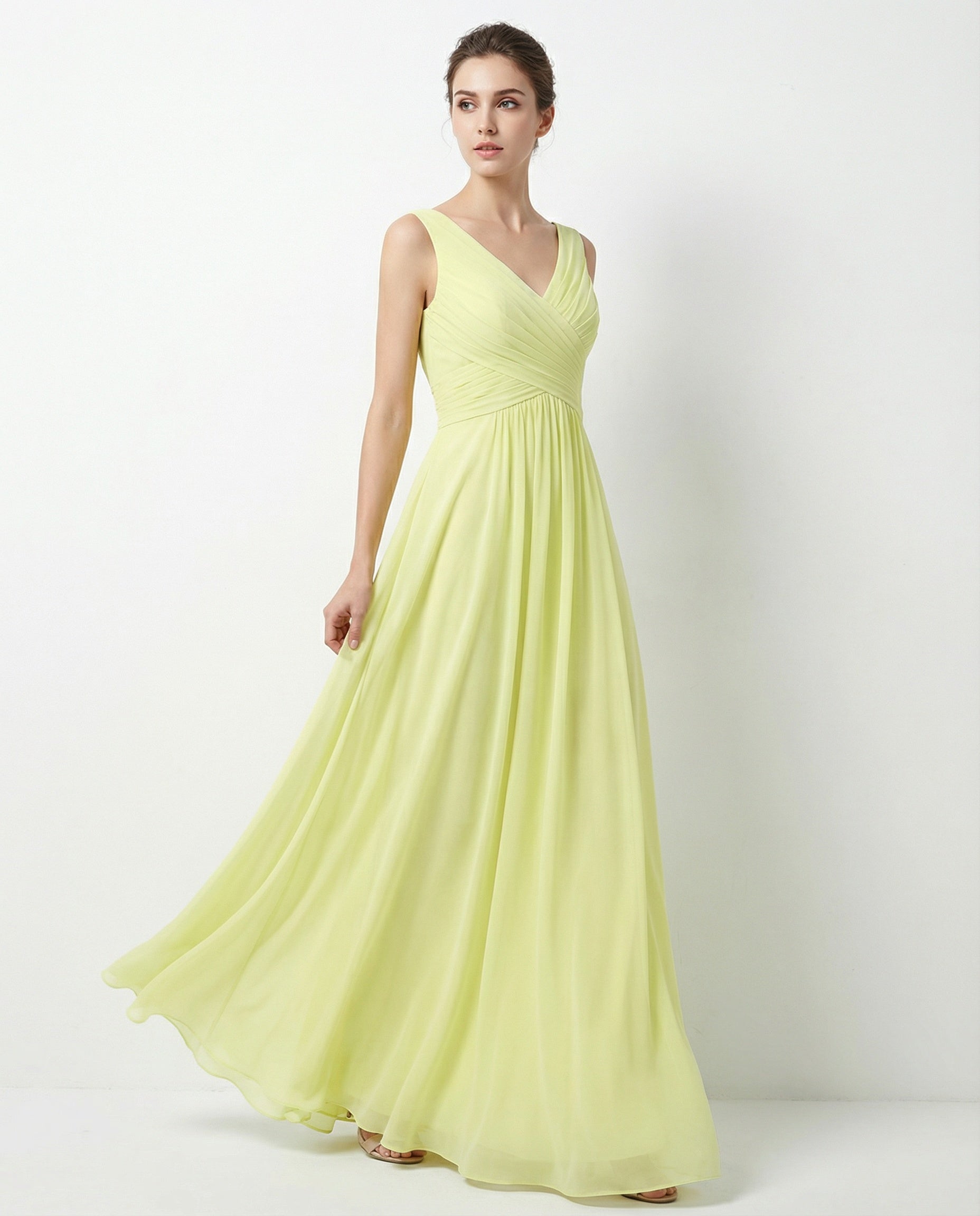 V-neck Sleeveless Pleated Bodice A-line Dress