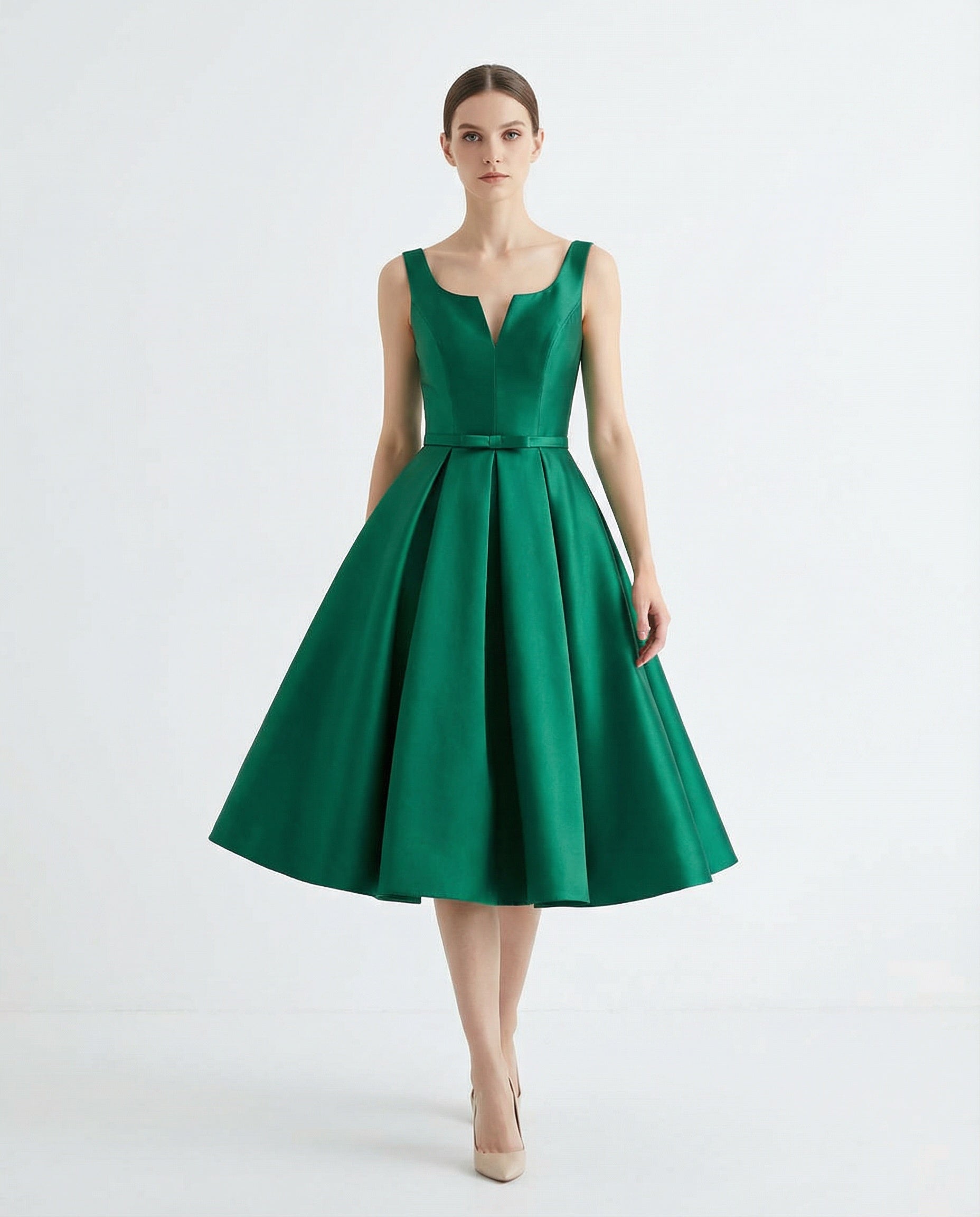 Notched Neck Sleeveless A-line Tea Length Satin Dress