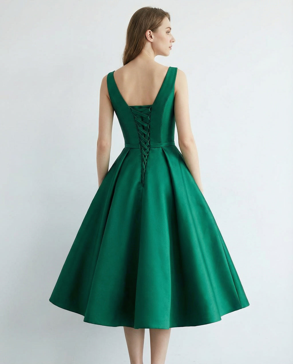 Notched Neck Sleeveless A-line Tea Length Satin Dress