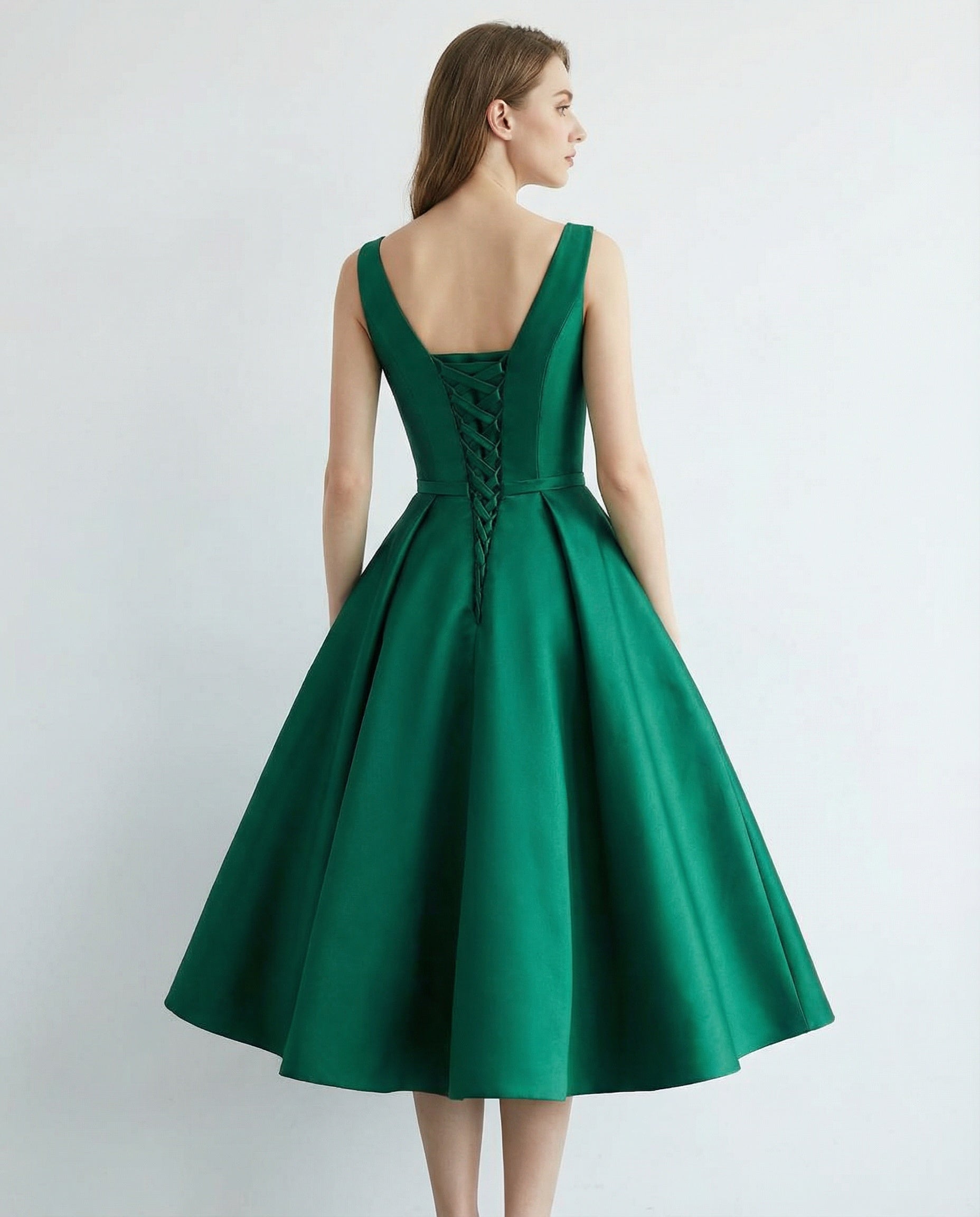 Notched Neck Sleeveless A-line Tea Length Satin Dress