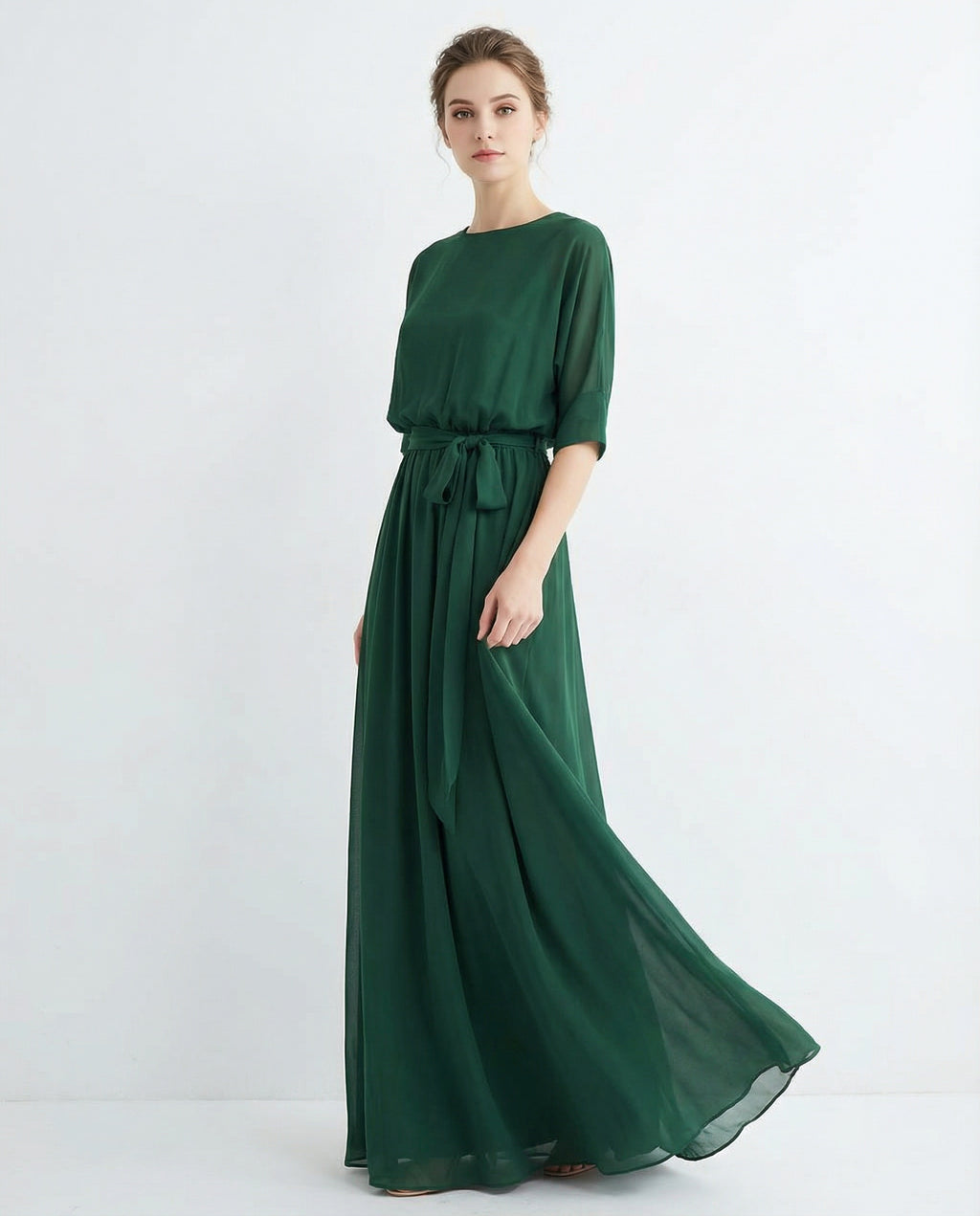 Half Sleeves Bateau A-line Chiffon Dress with Sash