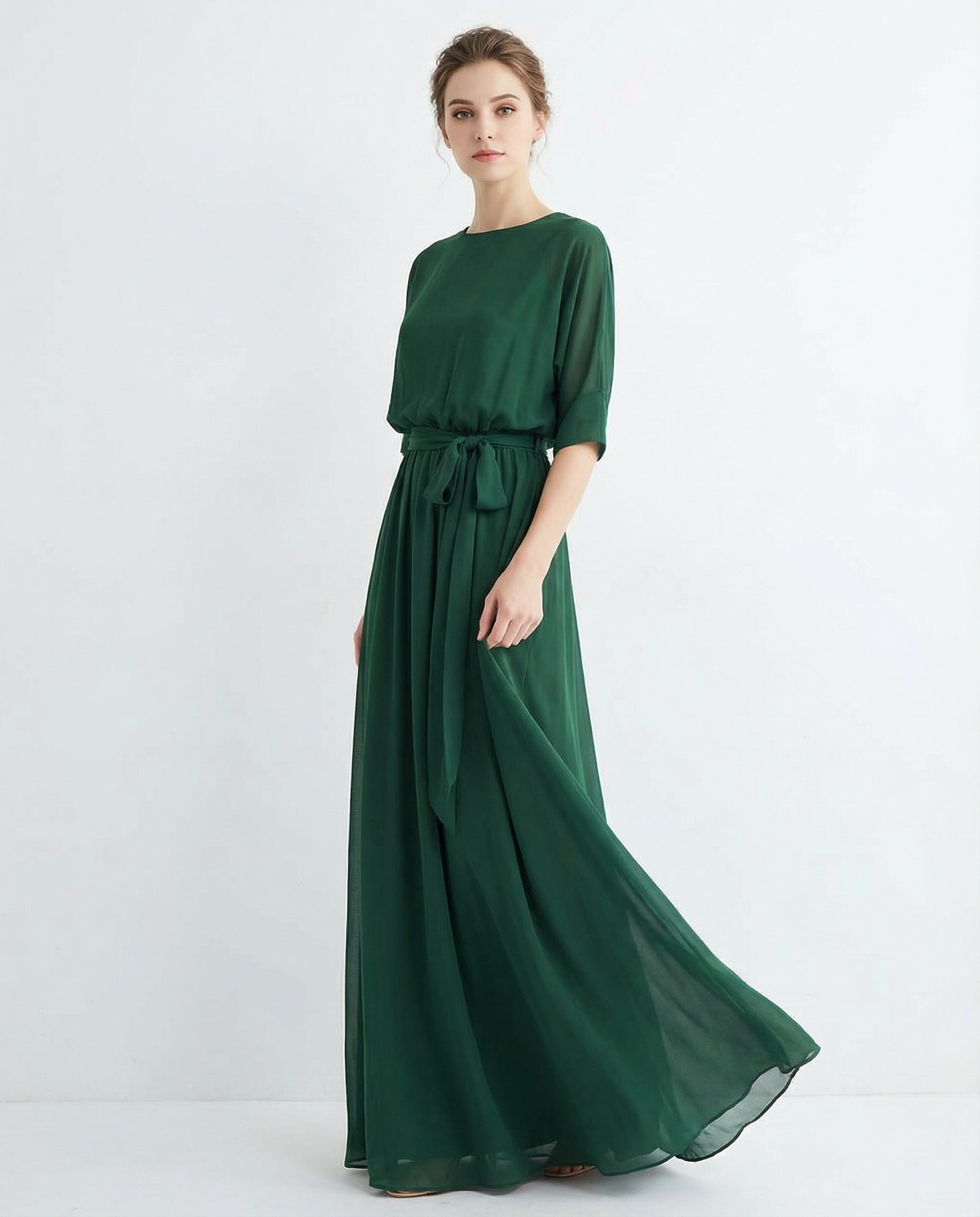Half Sleeves Bateau A-line Chiffon Dress with Sash