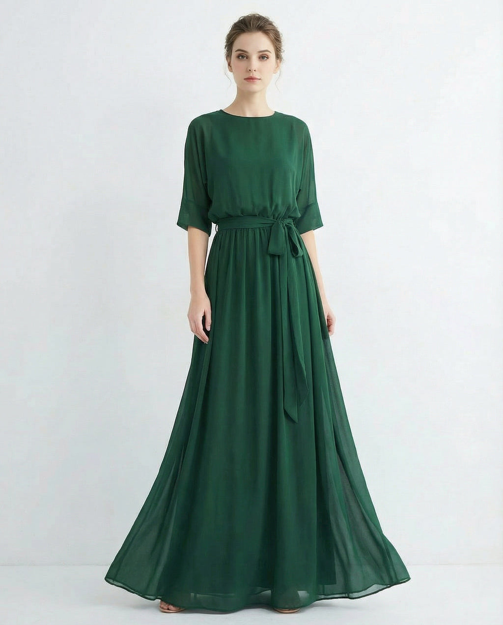 Half Sleeves Bateau A-line Chiffon Dress with Sash