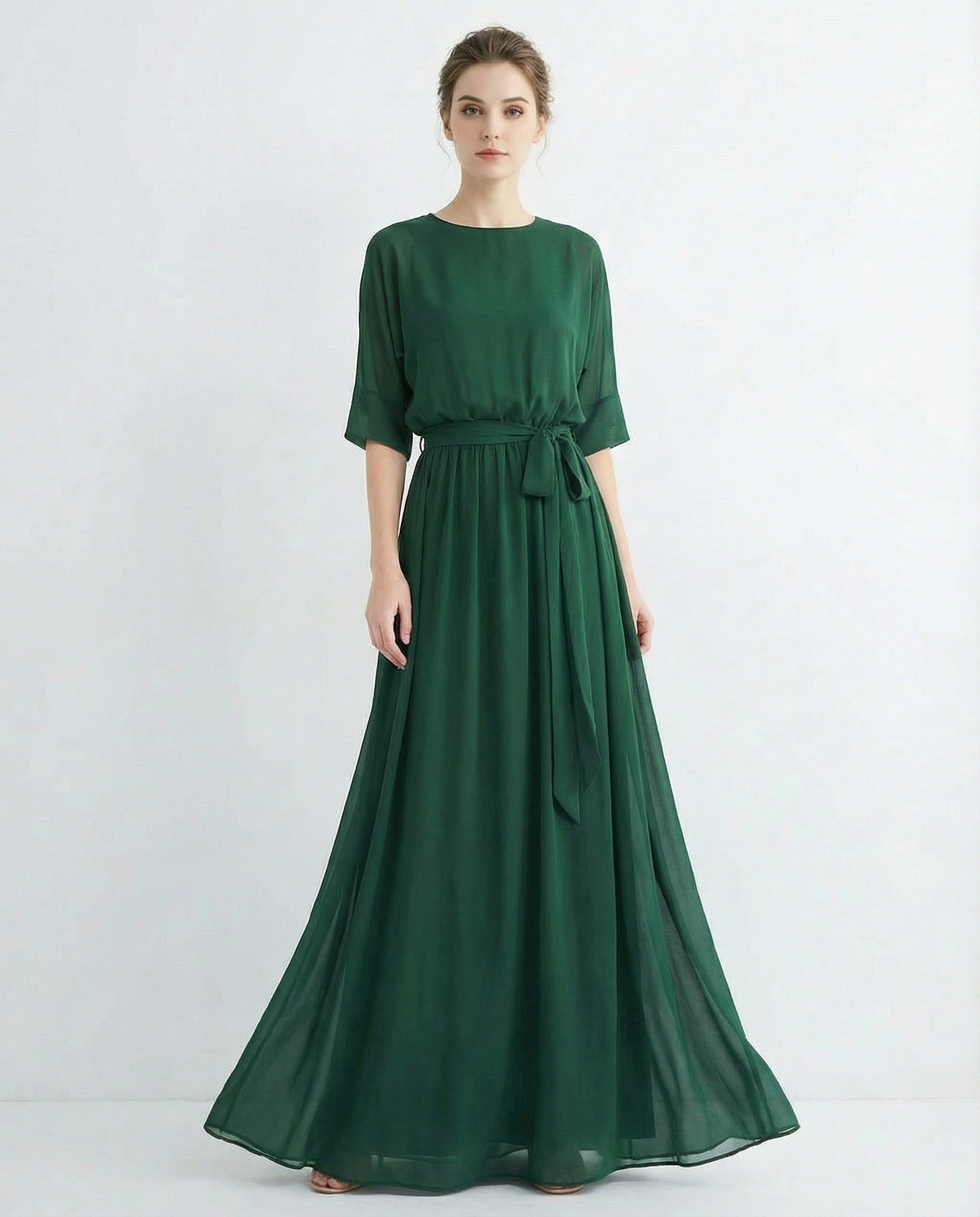 Half Sleeves Bateau A-line Chiffon Dress with Sash